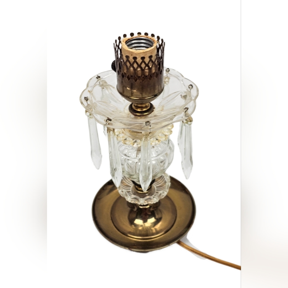 Vintage Hanging Crystal Prism Boudoir Lamp | 10.5" | Brass Base & Fixture